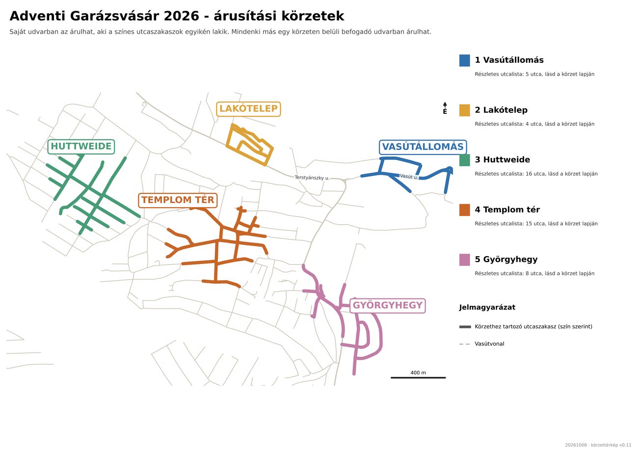 Az adventi garázsvásár öt árusítási körzete Solymár térképén