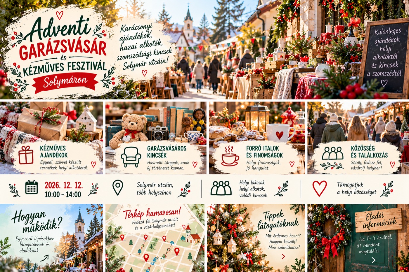 Adventi garázsvásár és kézműves fesztivál Solymáron, 2026. 12. 12., 10:00-14:00: kézműves ajándékok, garázsvásáros kincsek, forró italok és finomságok, közösség és találkozás.