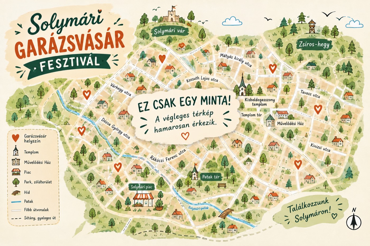 An illustrated map of Solymár showing sample garage sale locations